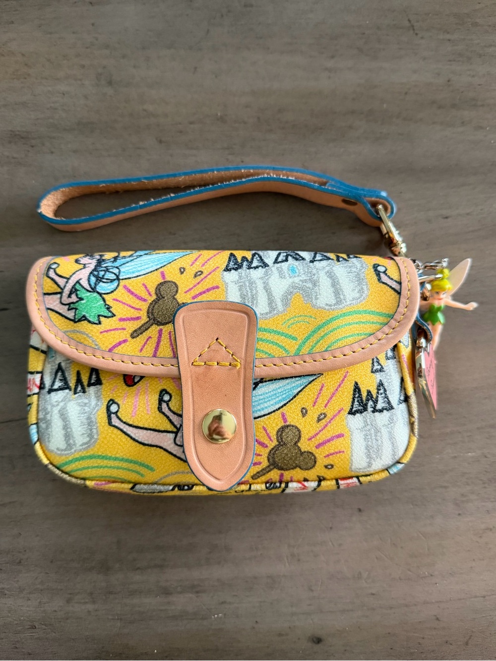 Disney Dooney & Bourke Yellow Sketch Wristlet Tinker Bell Mickey Retired Parks